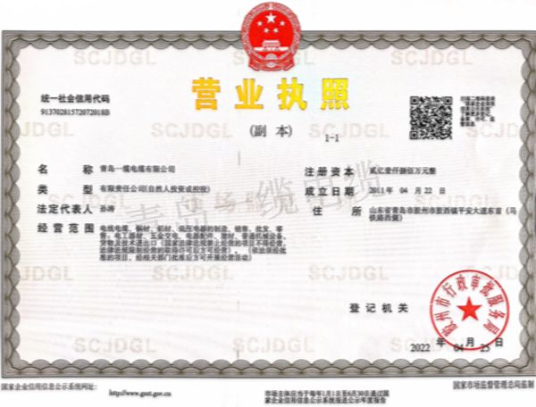 青島一纜電纜證書